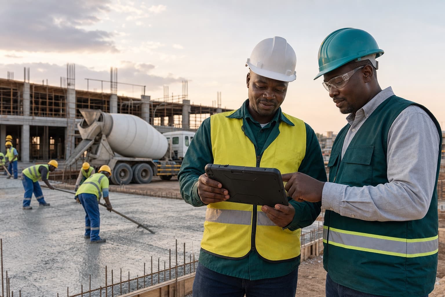 Site manager and delivery professional reviewing digital proof