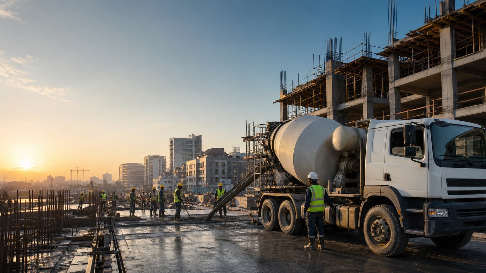Ready-mix concrete delivery at dawn
